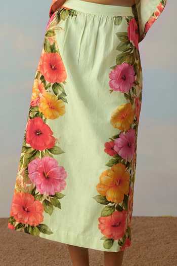 Buy Dash And Dot Green Cotton, Linen Round Neck Tulip Back Placed Floral Top And Skirt Set Buy_Dash And Dot_Green Cotton, Linen Round Neck Tulip Back Placed Floral Top And Skirt Set
