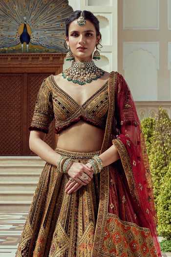 Roqa_Multi Color Silk, Organza, Velvet, Net V-neck Rajmahal Bridal Lehenga Set _Online_at_Aza_Fashions