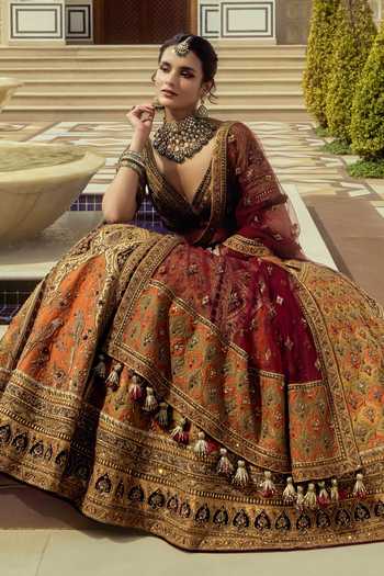 Buy_Roqa_Multi Color Silk, Organza, Velvet, Net V-neck Rajmahal Bridal Lehenga Set _Online_at_Aza_Fashions