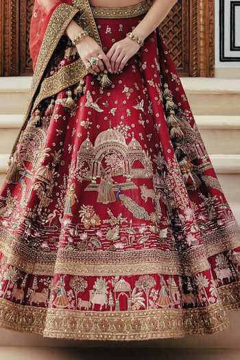 Buy Roqa Red Silk, Net Sweetheart Neck Pichwai Mahal Bridal Lehenga Set Online at Aza Fashions Buy_Roqa_Red Silk, Net Sweetheart Neck Pichwai Mahal Bridal Lehenga Set _Online_at_Aza_Fashions
