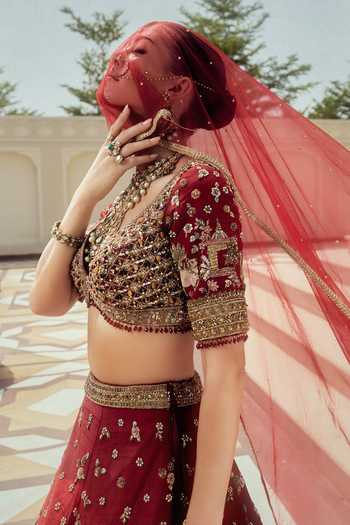 Shop Roqa Red Silk, Net Sweetheart Neck Pichwai Mahal Bridal Lehenga Set Online at Aza Fashions Shop_Roqa_Red Silk, Net Sweetheart Neck Pichwai Mahal Bridal Lehenga Set _Online_at_Aza_Fashions