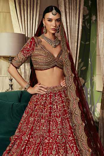 Roqa Red Silk, Net V-neck Sheesh Mahal Bridal Lehenga Set Online at Aza Fashions Roqa_Red Silk, Net V-neck Sheesh Mahal Bridal Lehenga Set _Online_at_Aza_Fashions