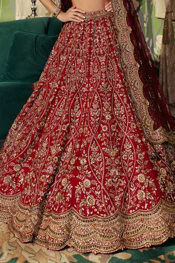 Buy Roqa Red Silk, Net V-neck Sheesh Mahal Bridal Lehenga Set Online at Aza Fashions Buy_Roqa_Red Silk, Net V-neck Sheesh Mahal Bridal Lehenga Set _Online_at_Aza_Fashions