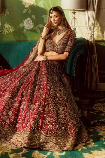 Shop Roqa Red Silk, Net V-neck Sheesh Mahal Bridal Lehenga Set Online at Aza Fashions Shop_Roqa_Red Silk, Net V-neck Sheesh Mahal Bridal Lehenga Set _Online_at_Aza_Fashions