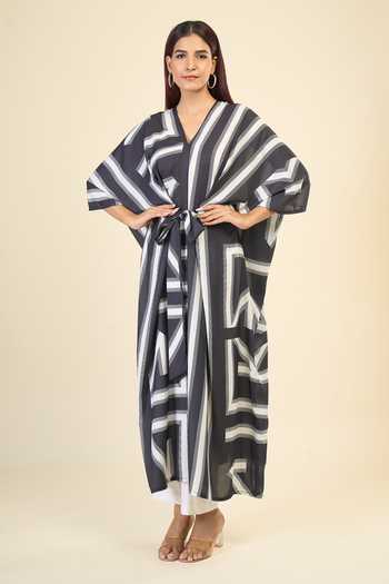 Khwaab By Sanjana Lakhani Geometric Stripe Print Tie Up Kaftan 