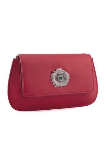 Shop_Saurav Ghosh_Red Floral Metal Embellished Clutch _Online_at_Aza_Fashions