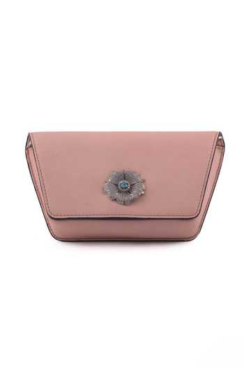 Buy_Saurav Ghosh_Pink Floral Metal Brooch Embellished Clutch _Online_at_Aza_Fashions