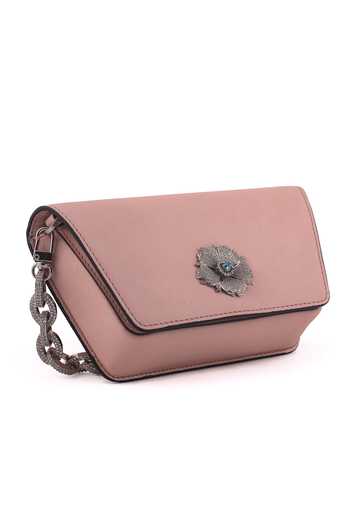 Shop_Saurav Ghosh_Pink Floral Metal Brooch Embellished Clutch _Online_at_Aza_Fashions