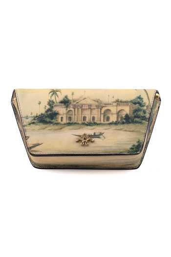 Shop_Saurav Ghosh_Beige Scenic Print Clutch _Online_at_Aza_Fashions
