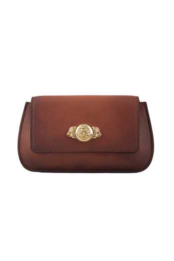 Shop_Saurav Ghosh_Brown Medallion Brooch Embellished Clutch _Online_at_Aza_Fashions