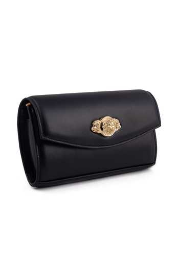 Buy_Saurav Ghosh_Black Medallion Brooch Embellished Clutch _Online_at_Aza_Fashions