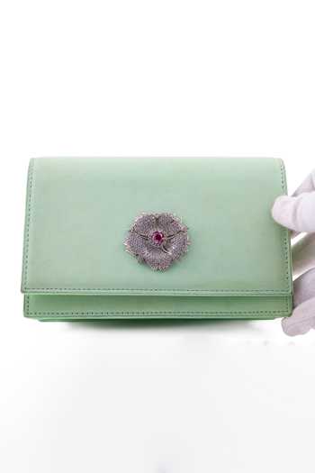 Buy_Saurav Ghosh_Green Flower Brooch Embellished Clutch _Online_at_Aza_Fashions
