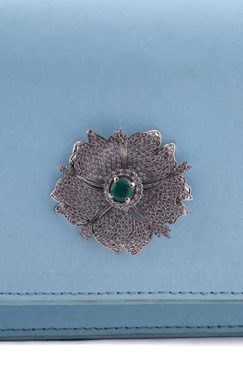 Buy_Saurav Ghosh_Blue Metal Floral Brooch Clutch _Online_at_Aza_Fashions