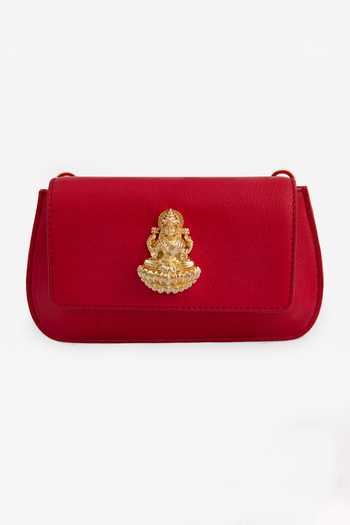 Buy_Saurav Ghosh_Red Deity Motif Brooch Embellished Clutch _Online_at_Aza_Fashions