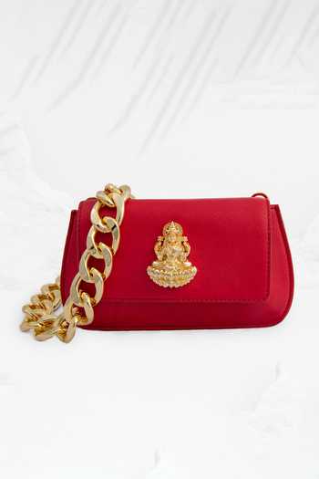 Shop_Saurav Ghosh_Red Deity Motif Brooch Embellished Clutch _Online_at_Aza_Fashions