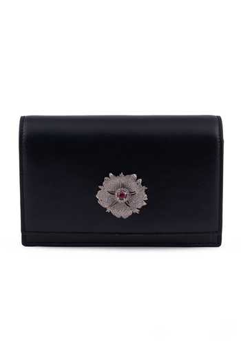 Buy_Saurav Ghosh_Black Flower Embellished Clutch _Online_at_Aza_Fashions
