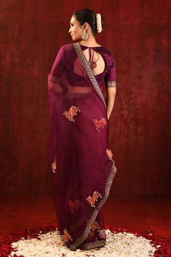 singhanias_Burgundy Organza Saree With Running Blouse Fabric _Online_at_Aza_Fashions