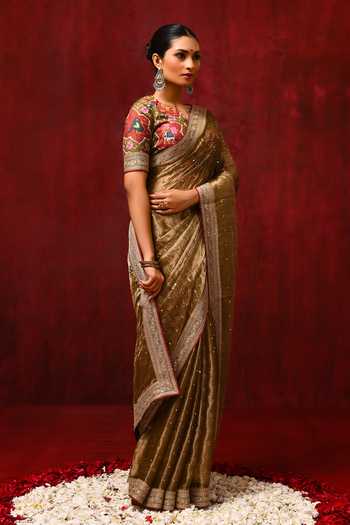 Buy_singhanias_Gold Tissue Saree With Running Blouse Fabric _Online_at_Aza_Fashions