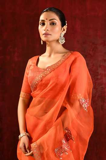 singhanias_Orange Organza Saree With Running Blouse Fabric _at_Aza_Fashions