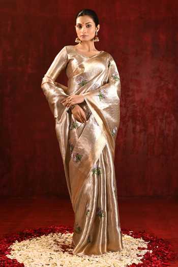 Shop_singhanias_Gold Tissue Saree With Running Blouse Fabric _Online_at_Aza_Fashions