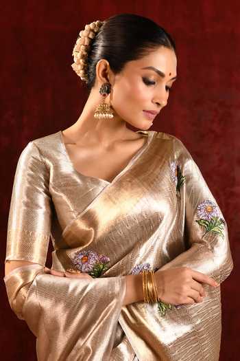 singhanias_Gold Tissue Saree With Running Blouse Fabric _at_Aza_Fashions