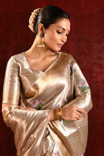 Buy_singhanias_Gold Tissue Saree With Running Blouse Fabric _Online_at_Aza_Fashions