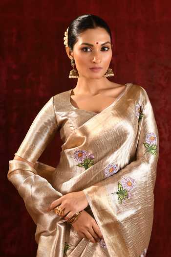 Shop_singhanias_Gold Tissue Saree With Running Blouse Fabric _Online_at_Aza_Fashions