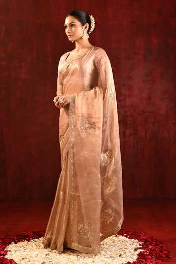 Buy_Singhanias_Beige Tissue Saree And Running Blouse Fabric Set _Online_at_Aza_Fashions