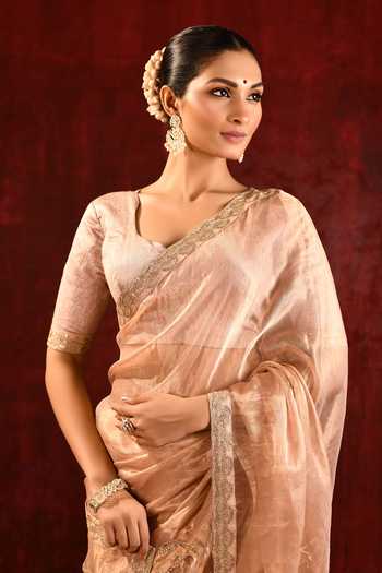 Singhanias_Beige Tissue Saree And Running Blouse Fabric Set _at_Aza_Fashions