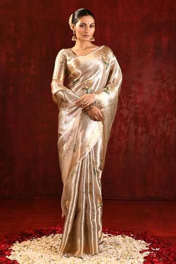 Buy_Singhanias_Gold Tissue Saree With Running Blouse Fabric _Online_at_Aza_Fashions