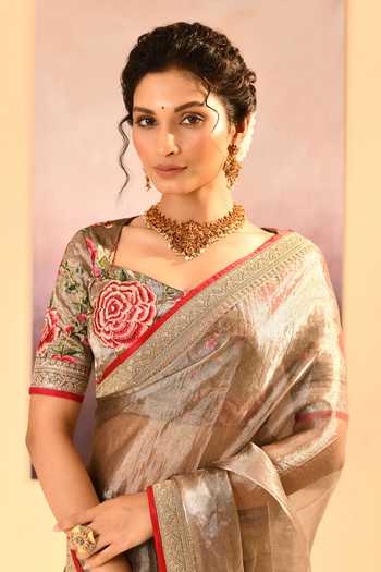 singhanias_Green Tissue Saree With Running Blouse Fabric _at_Aza_Fashions