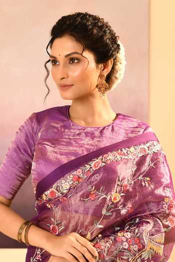 singhanias_Purple Tissue Saree And Running Blouse Fabric _at_Aza_Fashions
