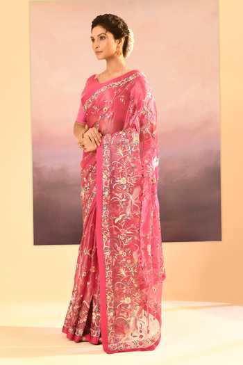 Shop_singhanias_Pink Tissue Saree With Running Blouse Fabric _Online_at_Aza_Fashions