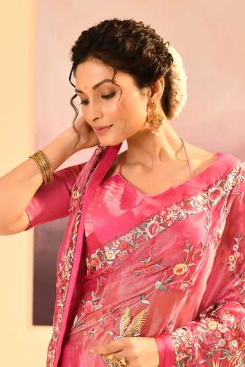 singhanias_Pink Tissue Saree With Running Blouse Fabric _at_Aza_Fashions