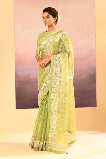 Buy_singhanias_Green Tissue Round Neck Saree With Running Blouse Fabric _Online_at_Aza_Fashions