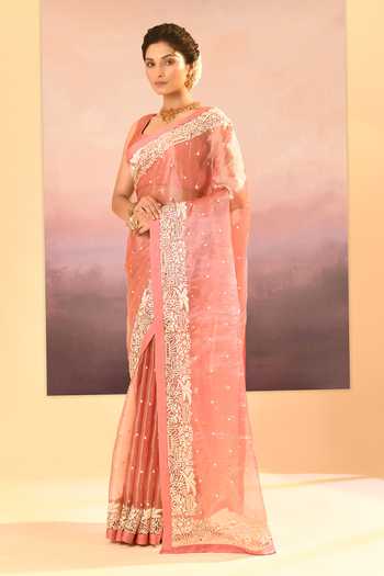 Buy_singhanias_Peach Tissue Saree With Running Blouse Fabric _Online_at_Aza_Fashions