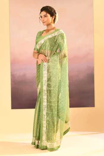 Shop_singhanias_Green Tissue Saree With Running Blouse Fabric _Online_at_Aza_Fashions