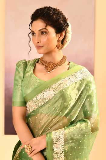 singhanias_Green Tissue Saree With Running Blouse Fabric _at_Aza_Fashions
