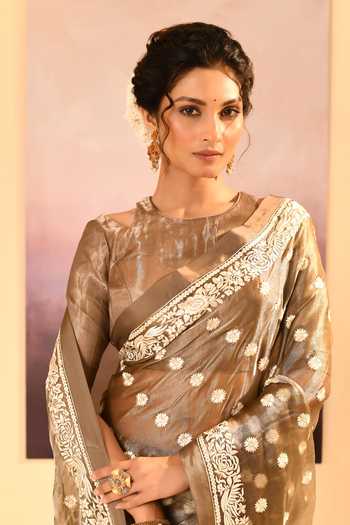 singhanias_Green Tissue Saree With Running Blouse Fabric _at_Aza_Fashions