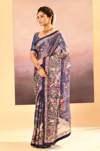 Shop_singhanias_Blue Tissue Saree With Running Blouse Fabric _Online_at_Aza_Fashions
