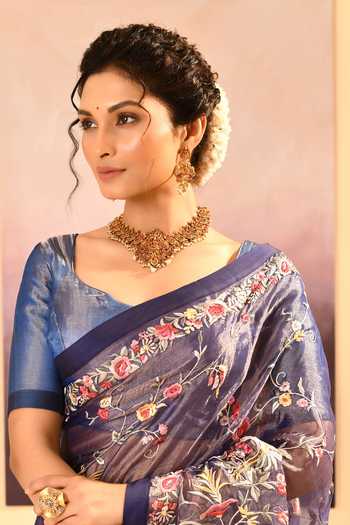 singhanias_Blue Tissue Saree With Running Blouse Fabric _at_Aza_Fashions