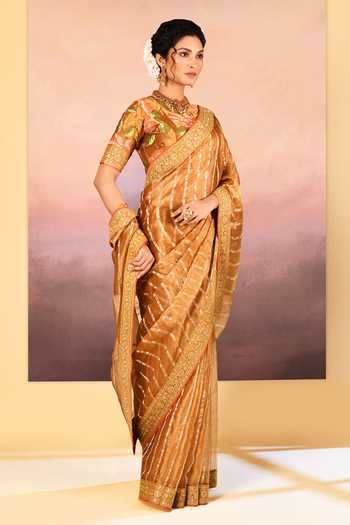 Buy_singhanias_Gold Tissue Round Neck Saree With Running Blouse Fabric _Online_at_Aza_Fashions