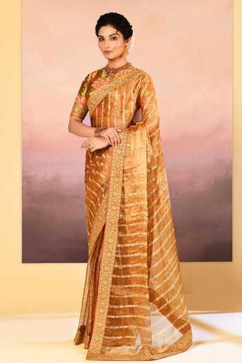 Shop_singhanias_Gold Tissue Round Neck Saree With Running Blouse Fabric _Online_at_Aza_Fashions