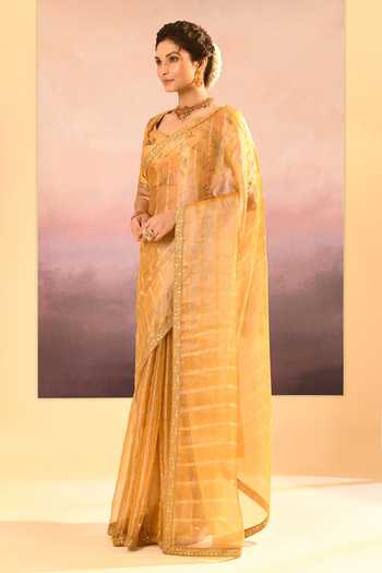 Shop_singhanias_Gold Tissue Saree With Running Blouse Fabric _Online_at_Aza_Fashions