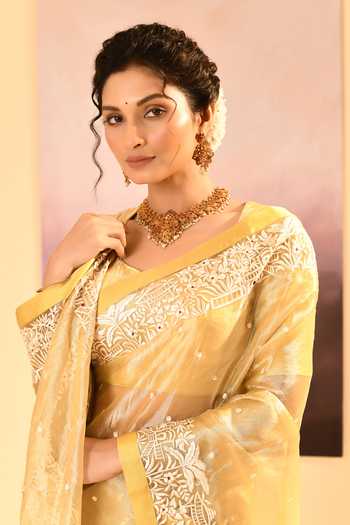 singhanias_White Tissue Saree With Running Blouse Fabric _at_Aza_Fashions