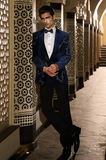 Shop_Contrast By Parth_Blue Velvet Beads, Crystals Eclipse Embroidered Tuxedo Set 