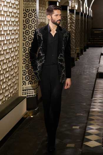 Buy Contrast By Parth Black Velvet Crystals Nova Embroidered Tuxedo Set Buy_Contrast By Parth_Black Velvet Crystals Nova Embroidered Tuxedo Set