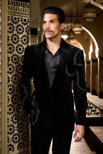 Shop Contrast By Parth Black Velvet Crystals Orbit Embroidered Tuxedo Set Online at Aza Fashions Shop_Contrast By Parth_Black Velvet Crystals Orbit Embroidered Tuxedo Set _Online_at_Aza_Fashions