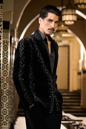Shop Contrast By Parth Black Velvet Sequins, Crystals Cosmos Embroidered Tuxedo Set Online at Aza Fashions Shop_Contrast By Parth_Black Velvet Sequins, Crystals Cosmos Embroidered Tuxedo Set _Online_at_Aza_Fashions