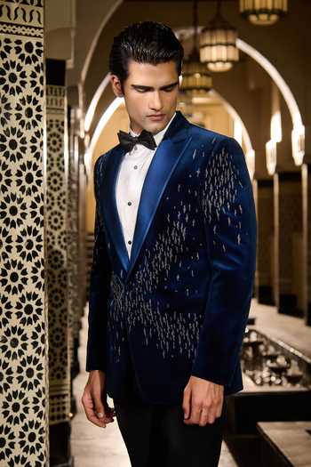 Contrast By Parth Blue Velvet Stellar Embroidered Tuxedo Set Online at Aza Fashions Contrast By Parth_Blue Velvet Stellar Embroidered Tuxedo Set _Online_at_Aza_Fashions